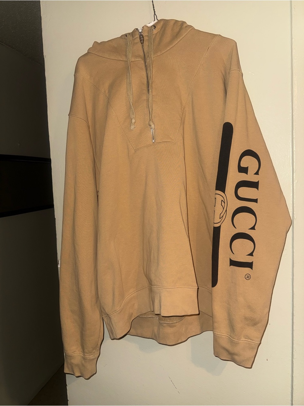 Gucci Men's Tan Zip-Up Hooded Sweatshirt with Sleeve Logo